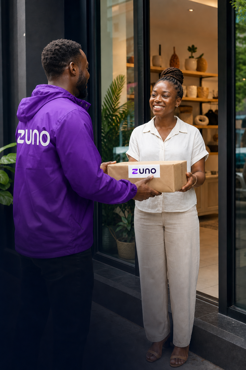 Zuno courier handing a parcel to a business owner